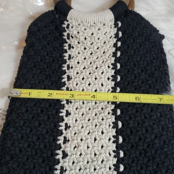 NWT Laude The Label Gabby Mini Macrame Bag Wood Ring Handles Black Ecru - Picture 7 of 9